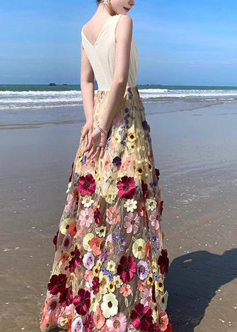 Bohemian V-Ausschnitt Tüll bestickt Patchwork Blumen Tüll Maxikleid Sommer 