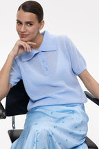 Minimalist Polo Hollow Knit Puff Sleeve Blouse