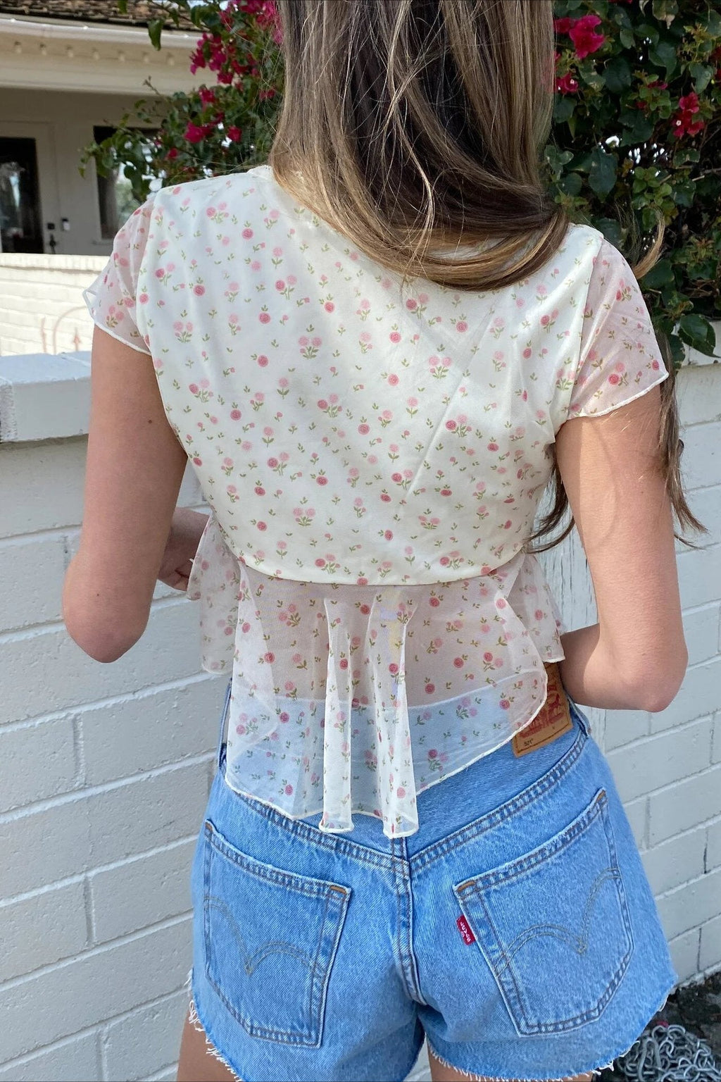 Solid V Neck Floral Mesh Blouse