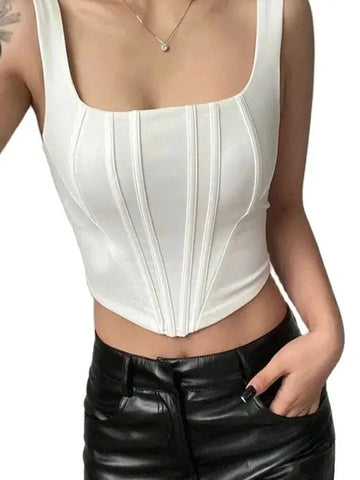 Tops cortos de verano 2024, sexys, con cuello cuadrado, ajustados, sin espalda, cortos, sin mangas, camisetas sin mangas para mujer, camisola básica informal de color sólido 