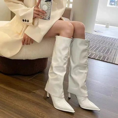 Botas cortavientos para mujer, zapatos de tacón alto, primavera otoño 2024, nuevas botas de caballero de piel suave con tacón fino y puntiagudo hasta la rodilla. 