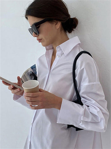 Camisas blancas holgadas de moda para mujer, cárdigan de retazos transparentes, abrigo con solapa, blusa ajustada de manga larga de gran tamaño. 