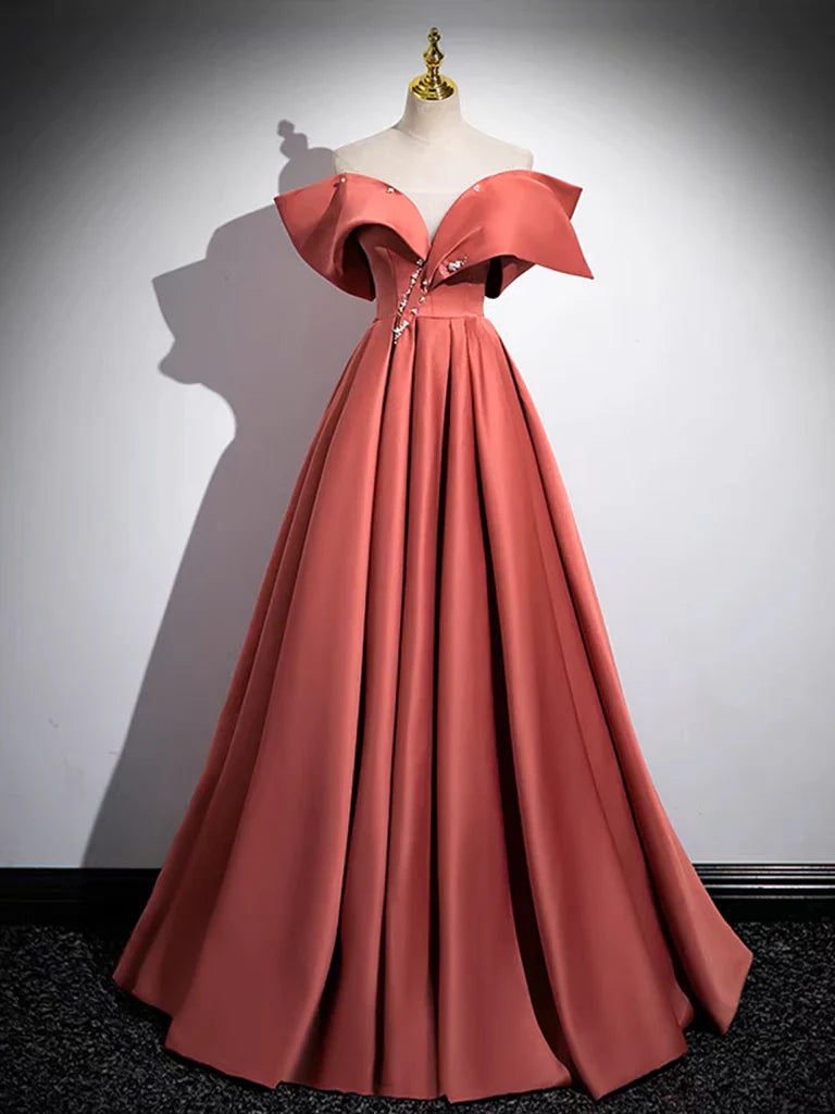 A-Linien-Ballkleid, schulterfrei, langes Satin-Abendkleid, formelles Kleid