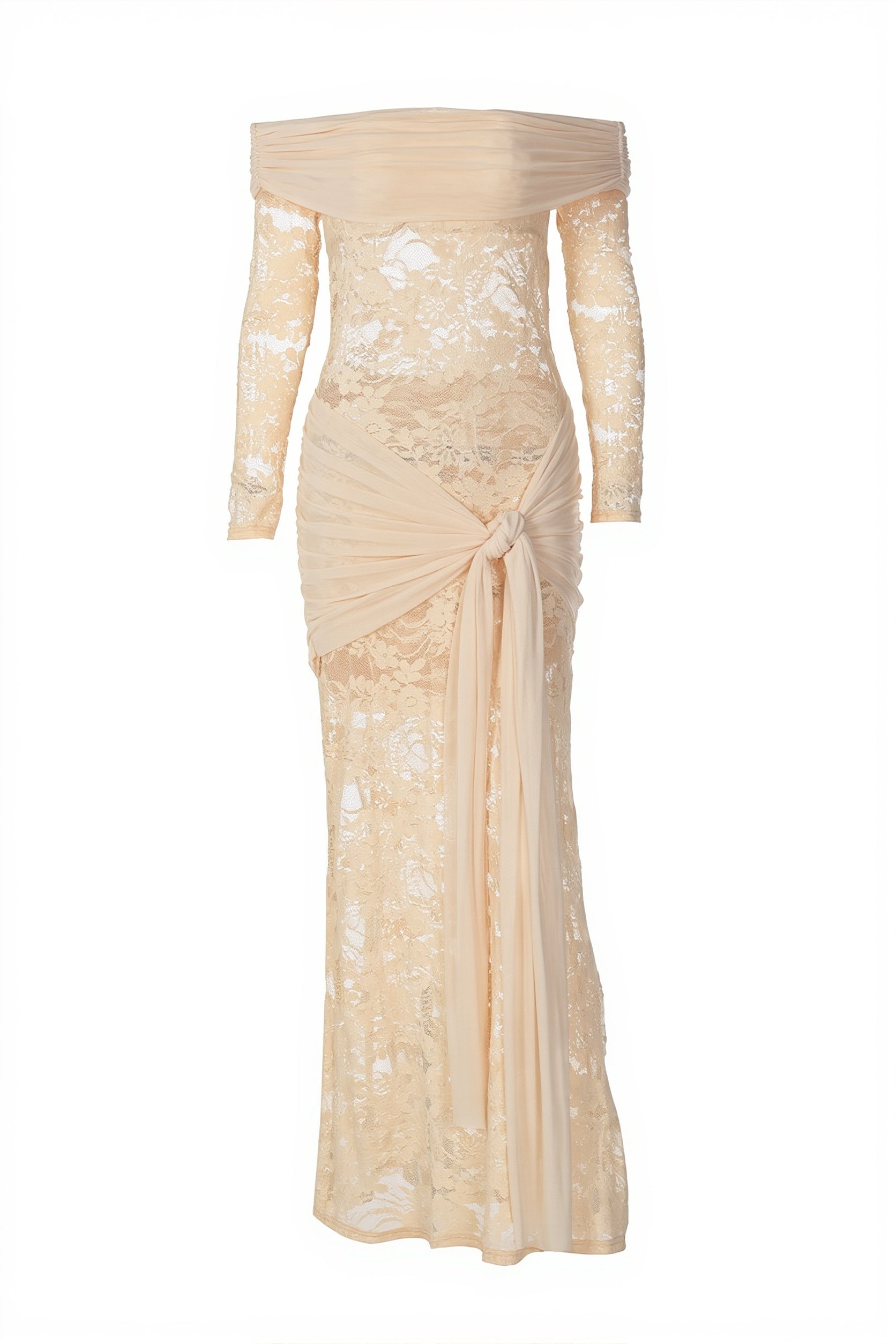 Chic Lace Trim Off Shoulder Long Sleeve Wrap Maxi Dress