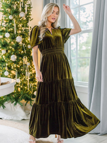 Vestido de terciopelo con escote en V, fruncido, capas, manga corta, vestidos largos 