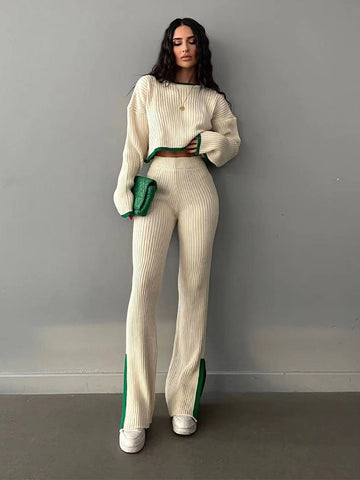 Autumn Winter Knitting Trousers Set Round Neck Long Sleeve Short Sweater Color Contrast Patchwork Slit Knitted Two Piece Set for Women