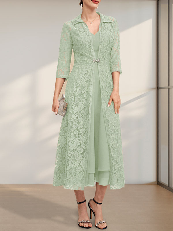 A-Linien-Chiffonkleid mit V-Ausschnitt und Teelänge für die Mutter der Braut