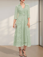 A-Linien-Chiffonkleid mit V-Ausschnitt und Teelänge für die Mutter der Braut