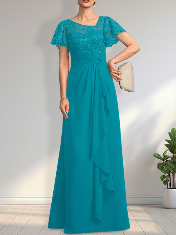 A-Linien-Kleid aus asymmetrischem Chiffon mit Illusion-Effekt, bodenlang, mit Kaskadenrüschen und Pailletten für die Mutter der Braut 