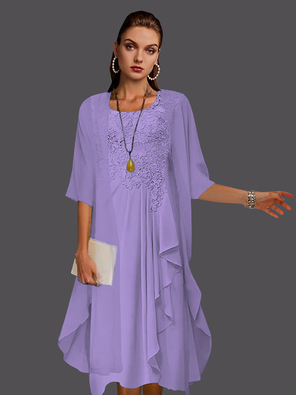 Zweiteiliges, ärmelloses A-Linien-Kleid aus Chiffonspitze mit Faltenapplikationen 