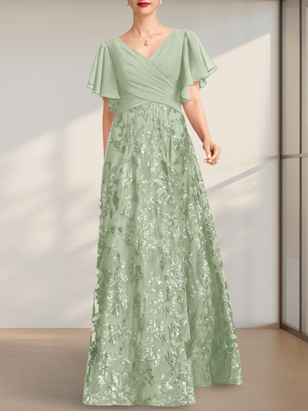 A-Linien-Kleid mit V-Ausschnitt, bodenlang, aus Spitze, Pailletten und Chiffon, ideal für die Mutter der Braut, mit Falten