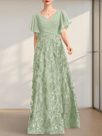 A-Linien-Kleid mit V-Ausschnitt, bodenlang, aus Spitze, Pailletten und Chiffon, ideal für die Mutter der Braut, mit Falten