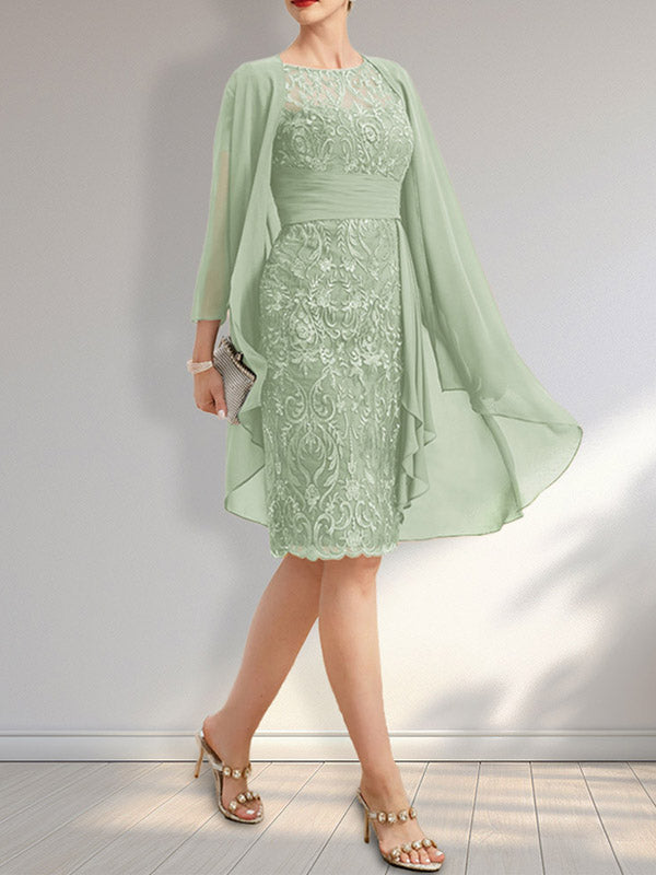 Etuikleid mit Rundhalsausschnitt, Illusion-Effekt, knielang, aus Chiffon mit Spitze, Rüschen und Pailletten – ideal für die Mutter der Braut