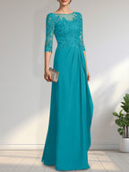 A-Linien-Kleid mit U-Boot-Ausschnitt, Illusion-Effekt, bodenlang, aus Chiffon und Spitze, mit Perlen, Pailletten und kaskadenartigen Rüschen – perfekt für die Mutter der Braut.