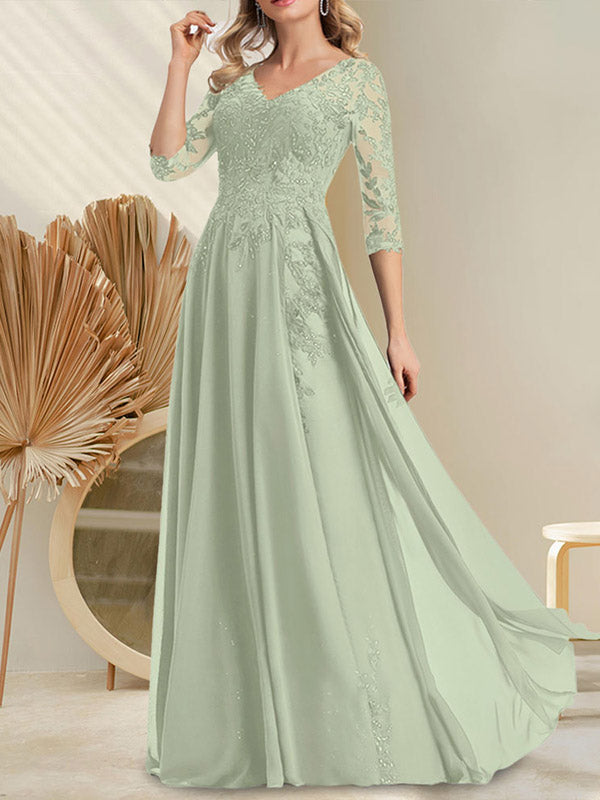 A-Linien-Kleid aus Chiffon mit V-Ausschnitt, bodenlang, mit Pailletten besetzt – ideal für die Mutter der Braut