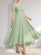 A-Linien-Kleid mit asymmetrischem Chiffon-Spitzenausschnitt und Pailletten für die Mutter der Braut 