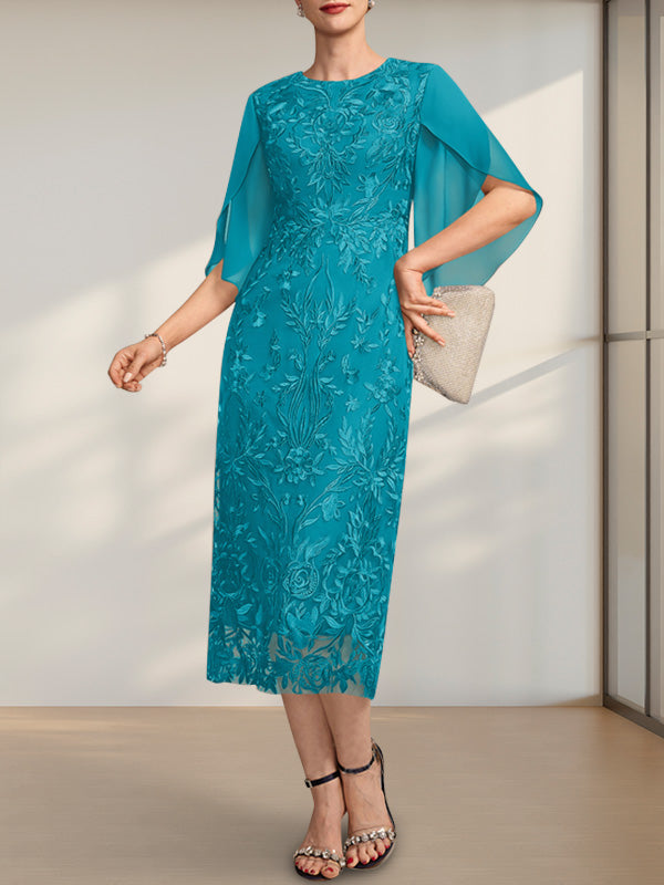 Etuikleid/Säulenkleid mit Rundhalsausschnitt, Teelänge, aus Spitze und Chiffon, ideal für die Mutter der Braut
