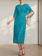 Etuikleid/Säulenkleid mit Rundhalsausschnitt, Teelänge, aus Spitze und Chiffon, ideal für die Mutter der Braut