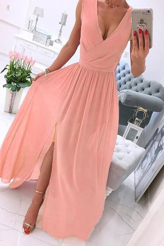 Meridress  Wrap V Neck Side Split Ruched Sleeveless Party Dress