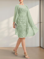 Etuikleid/Säulenkleid mit Illusion-Ausschnitt, knielang, aus Chiffon mit Spitze, Kaskadenrüschen und Pailletten für die Mutter der Braut