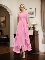 A-Linien-Kleid mit asymmetrischem Chiffon-Spitzenausschnitt, Schleife, Rüschen und Pailletten für die Mutter der Braut 