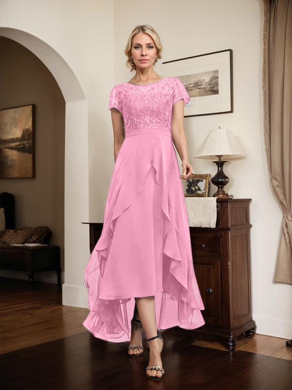 Vestido de madre de la novia de gasa asimétrica con escote en A, ilusión, encaje, lazo, volantes y lentejuelas 