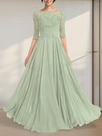 A-Linien-Kleid mit Illusion-Ausschnitt, bodenlang, aus Chiffon und Spitze, mit plissierten Pailletten und V-Ausschnitt für die Mutter der Braut