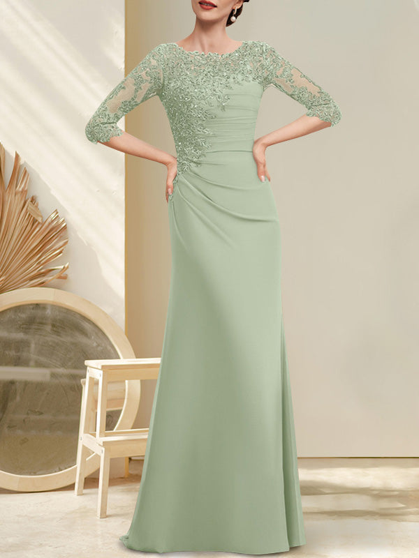 Vestido de gasa para madre de la novia, corte A, largo hasta el suelo, con encaje, cuentas y lentejuelas plisadas