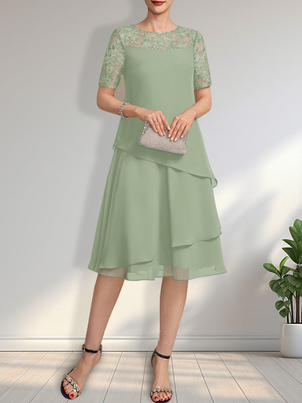 A-Linien-Kleid mit Rundhalsausschnitt, Illusion-Effekt, knielang, aus Spitze und Chiffon mit Pailletten für die Mutter der Braut
