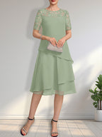 A-Linien-Kleid mit Rundhalsausschnitt, Illusion-Effekt, knielang, aus Spitze und Chiffon mit Pailletten für die Mutter der Braut