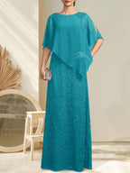 Vestido de madre de la novia de gasa con encaje, escote redondo y largo hasta el suelo, con lentejuelas y abalorios