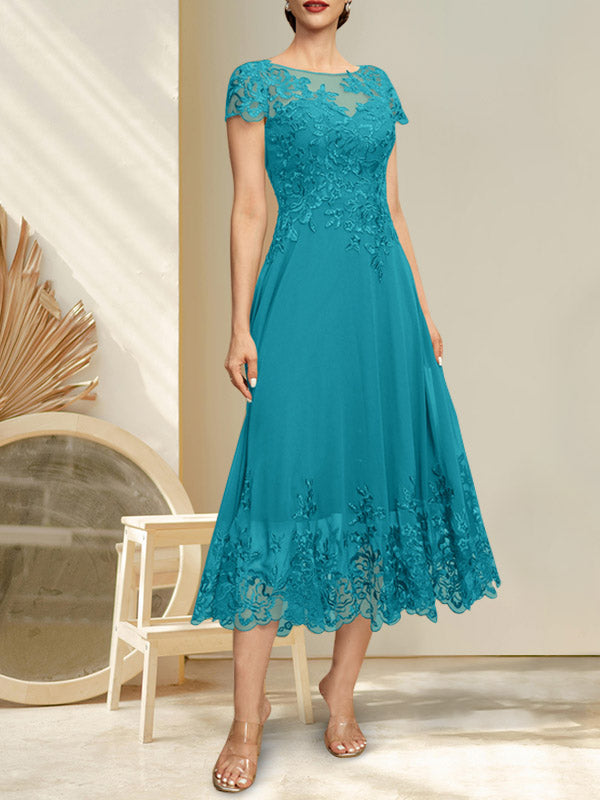 A-Linien-Kleid mit Illusion-Ausschnitt, Rundhalsausschnitt, Teelänge, Spitze und Chiffon, mit Pailletten, für die Mutter der Braut