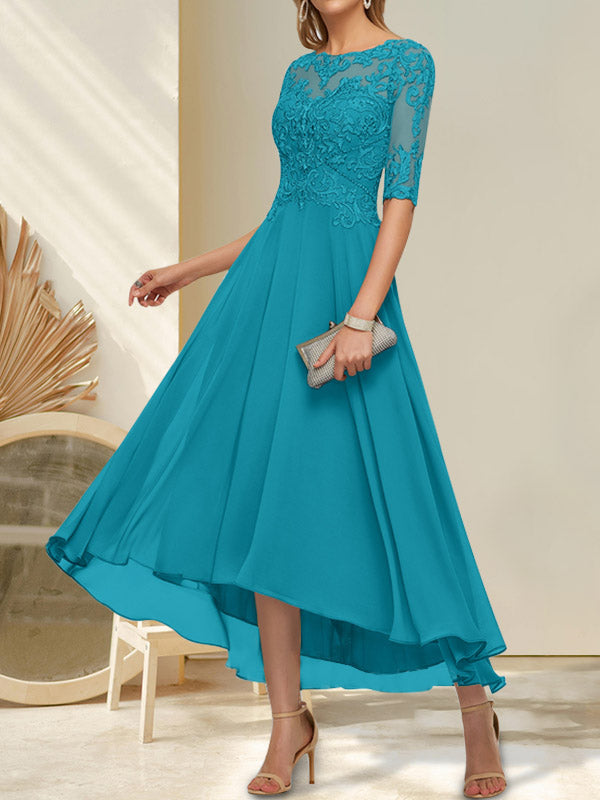 A-Linien-Kleid mit U-Boot-Ausschnitt, Illusion-Effekt, asymmetrischem Chiffon-Spitzenbesatz und Paillettenstickerei für die Mutter der Braut.