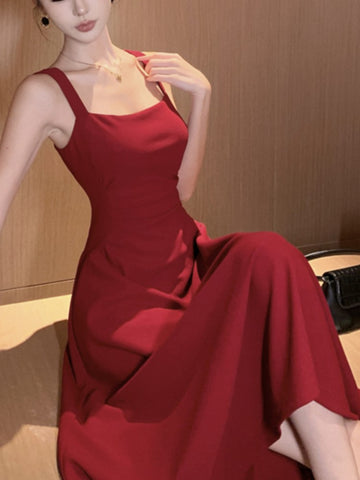 Elegante vestido midi liso de verano para mujer, con tirantes finos, cuello cuadrado, cintura alta, ajustado, para fiesta de noche, vestido de graduación, nuevo 