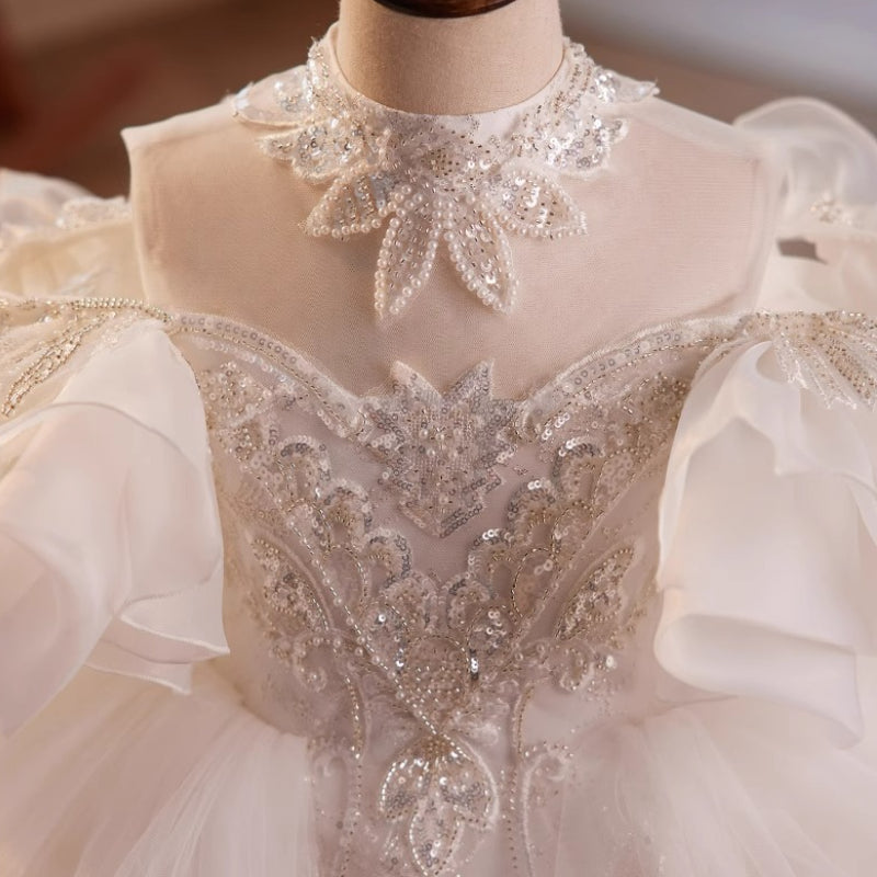 Elegante vestido de princesa de malla abullonada con estampado blanco para niñas pequeñas, vestido largo de primera comunión 