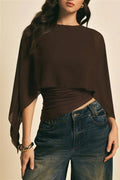 Chiffon Cape Sleeve Irregular Hem Blous