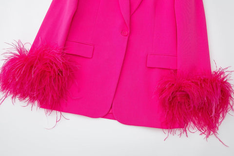Conjunto de chaqueta y pantalón recto con decoración de plumas salvajes para mujer de otoño 