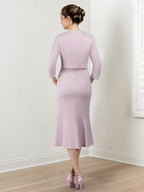 Vestidos de madre de la novia con corte tubo/columna, chaqueta y cuentas 
