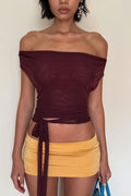 Chic Burgundy Draped V Neck Cinched Crop Blouse