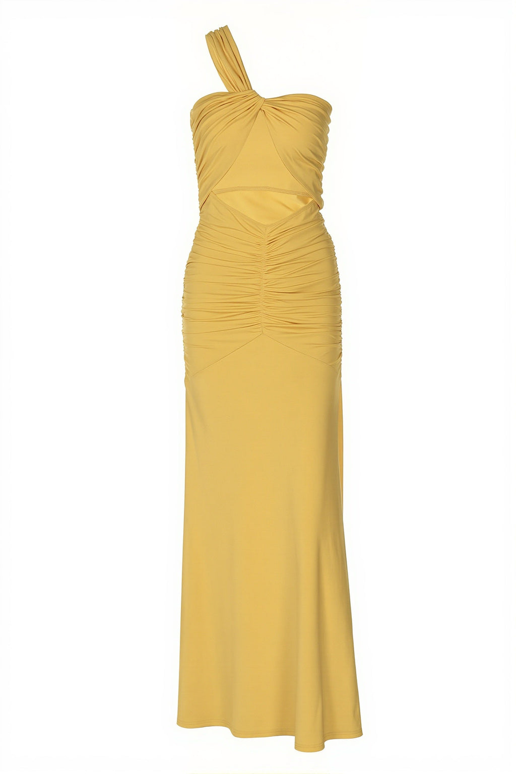 Chic Solid One Shoulder Sheer Cutout Ruched Slim Maxi Dress