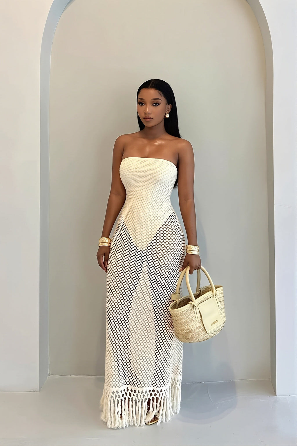 Solid Hollow Out Knitted Slim Vacation Maxi Dress