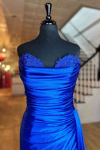 Fuchsia Strapless Mermaid Satin Pleated Long Prom Dress