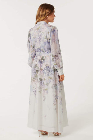 Langärmliges Maxikleid mit Spitzenblumenmuster und Knöpfen und Gürtel 