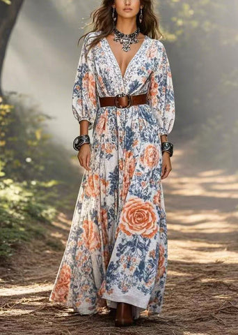 Frauen V-Ausschnitt Blumendruck Baumwolle Tunika Kleider Armband Ärmel 