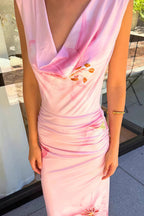 Floral Print Draped Neck Slim Maxi Dress