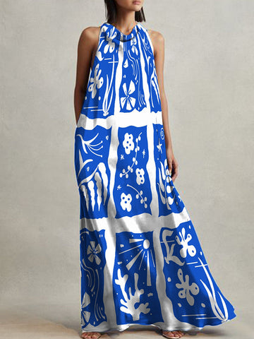 A-Line Loose Printed Tied Heaps Collar Maxi Dresses