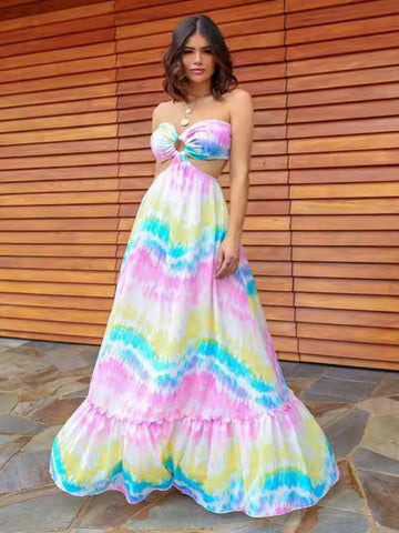 Boho-Kleid, Malerei, Neckholder, Ringdetails, rückenfrei, Resort, lässige Maxikleider 