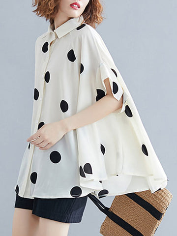 Fledermausärmel Lose Polka-Dot Revers Blusen &amp; Hemden Tops 