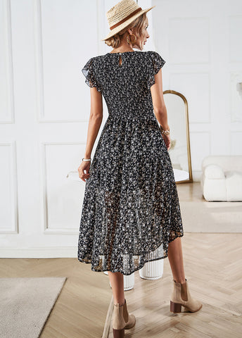 Vestido midi plisado elástico con mangas de loto y cuello redondo floral 