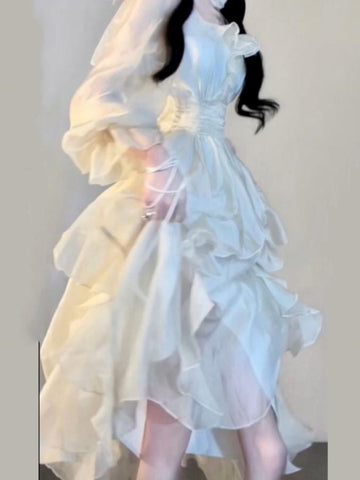 Elegante vestido de hada con volantes lisos, moda coreana, vestido midi ajustado de cintura A, vestido de fiesta de princesa para primavera y verano para mujer. 